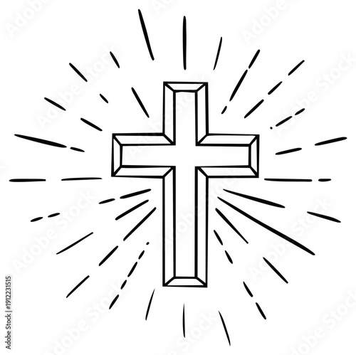 Christian Cross Symbol with Rays, Religious Belief, Simple Design, Black and White