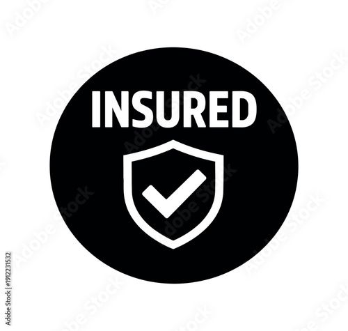 Flat vector badge INSURED simple white shield with checkmark