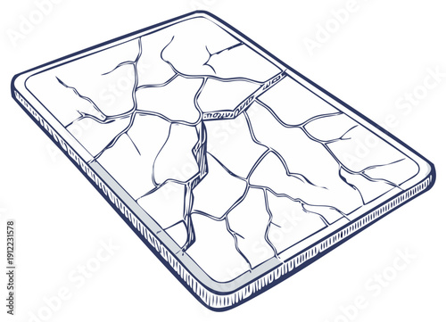 Cracked tablet screen with deep fissures and a sketched illustration style