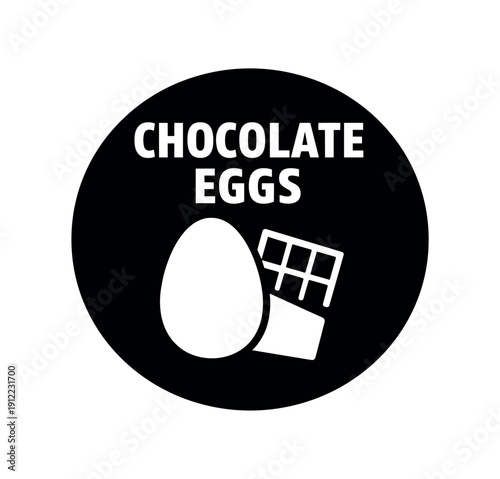 Flat vector badge CHOCOLATE EGGS simple white egg with chocolate bar