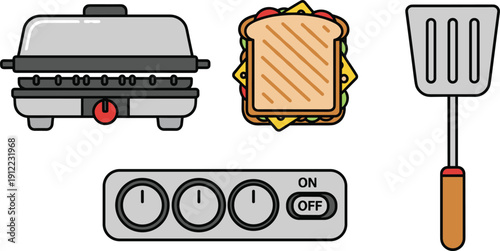 Electric Sandwich Toaster Grill Maker Set Featuring Grilled Panini Sandwich Metal Spatula and Control Panel Buttons Icons