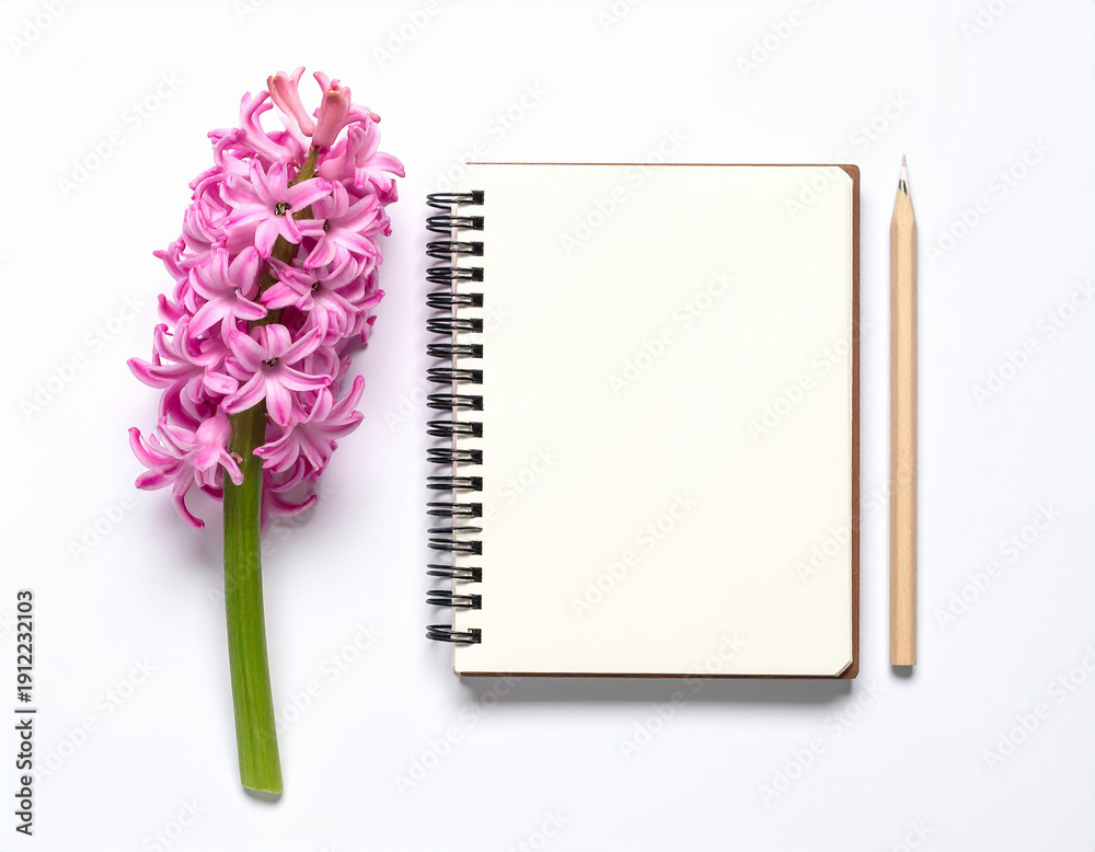 Naklejka premium Aerial view of a blank spiral notebook with pencil alongside a vibrant pink hyacinth flower on a white surface 