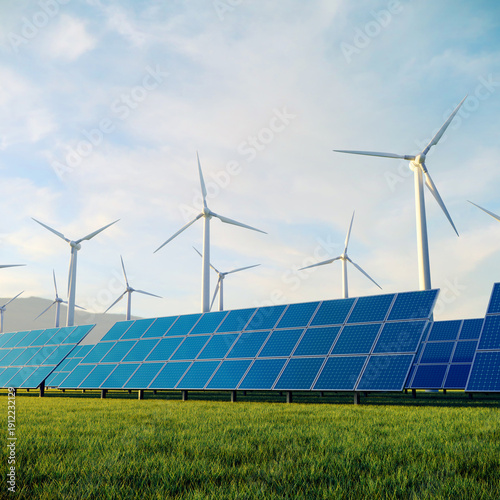 Solar panels and wind turbines on a green grass field under a clear blue sky, concept for renewable energy and sustainable future.