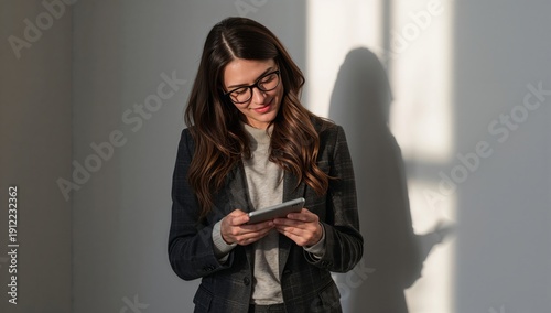 Woman Stands in Indoor Space Looking at Phone While Wearing Glasses and a Suit