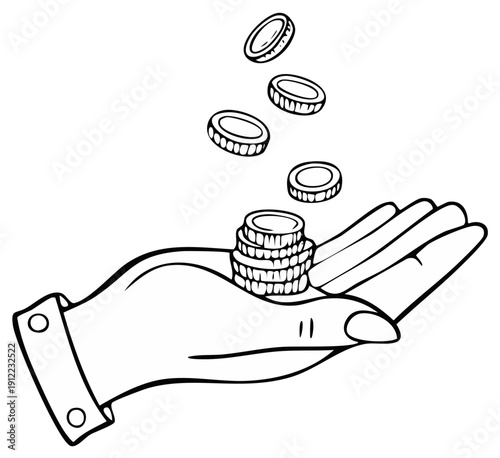 Hand holding and catching falling money, financial concept, outline illustration