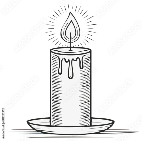 Classic burning candle with dripping wax and radiating light on a saucer, hand-drawn sketch style