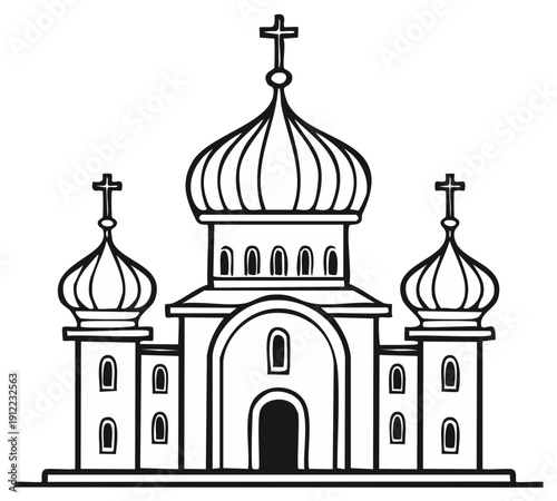 Orthodox Church Building with Onion Domes and Crosses in Black and White Outline Style