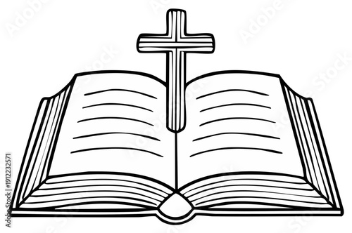 Open Book with Christian Cross, Symbolic of Faith, Scripture, Christianity, Black and White Outline