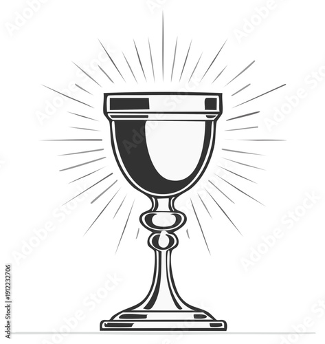 Ornate chalice illustration with radiating light rays symbolizing spirituality or celebration in monochrome vector art