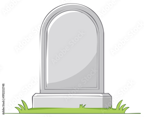 Empty gray headstone grave marker with green grass and rounded top cartoon illustration