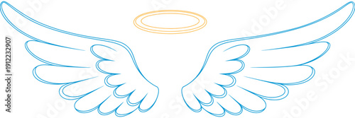 delicate angel wings and halo illustration, heavenly ethereal spirit design element for religious themes, hope, peace, and spiritual inspiration in vector artwork.