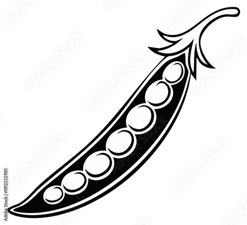 Stylized black and white illustration of a single pea pod with seven round peas inside