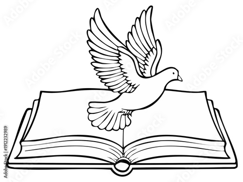 Dove flying over open book, symbol of peace and hope, black and white outline