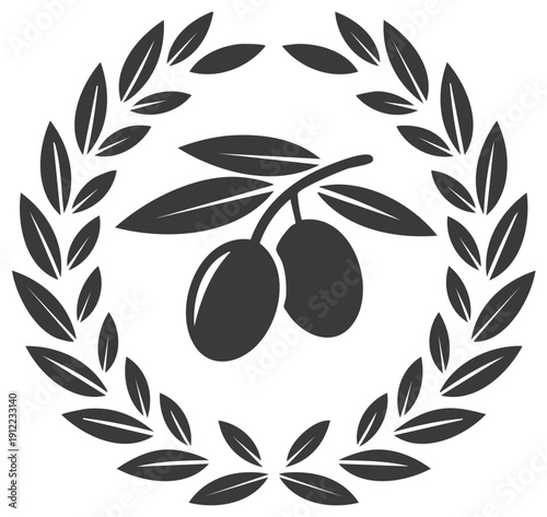 Olive branch emblem with wreath of leaves in black and white, vector illustration