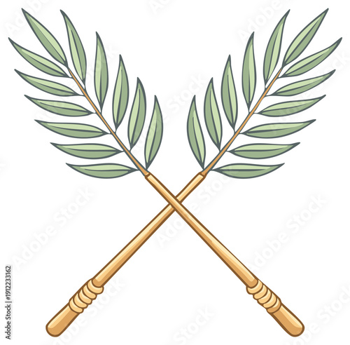 Two crossed palm branches, vector drawing illustration. Isolated decorative floral plant elements, simple green leaves on sticks.