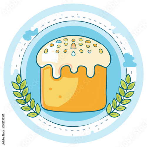 Traditional Sweet Easter Cake with Icing and Sprinkles Surrounded by Leafy Branches Illustration