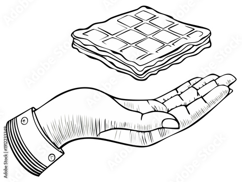 Vintage engraving style illustration of a hand offering a floating waffle