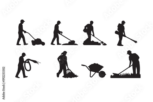Lawn Maintenance Silhouette Worker Icon Set
