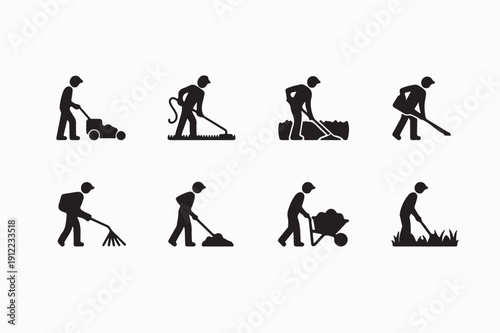 Lawn Maintenance Silhouette Worker Icon Set
