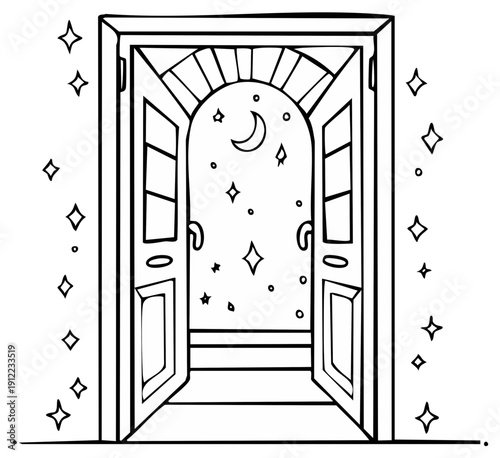 Magical arched doorway opening to a whimsical celestial dreamscape with a crescent moon and twinkling stars
