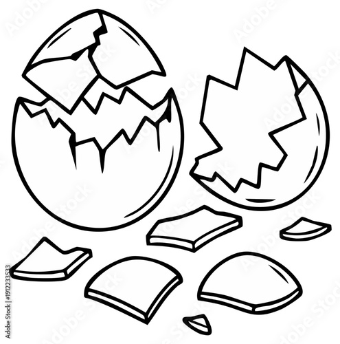 Black and white cracked eggshell drawing symbolizing new beginnings and birth line art