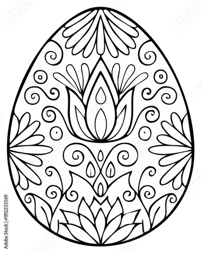 Intricate black outline floral patterned Easter egg illustration perfect for coloring or spring holiday design