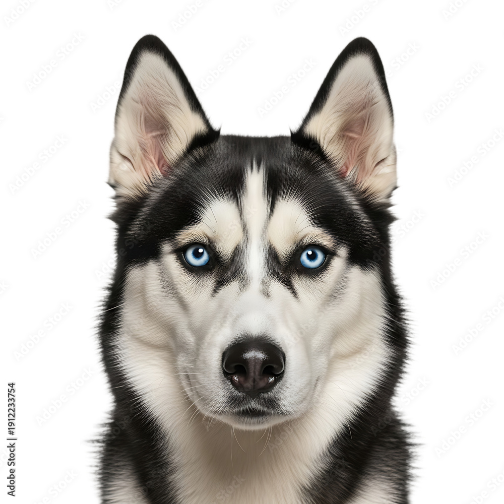 Obraz premium Black and White Husky Face Close Up Studio Shot On Isolated Transparent Background