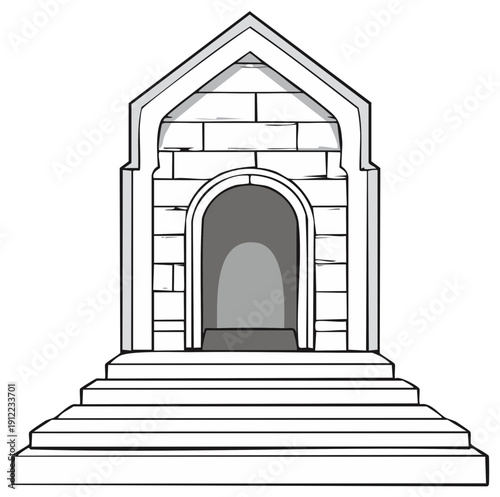 Ancient stone mausoleum entrance with arched doorway and tiered stone steps leading upwards