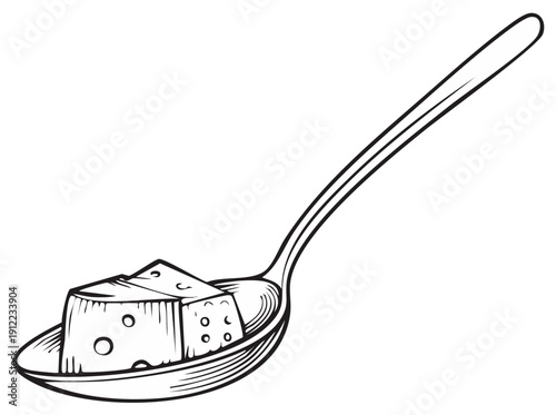 A spoon holding a cube of cheese with holes in a hand drawn sketch illustration style