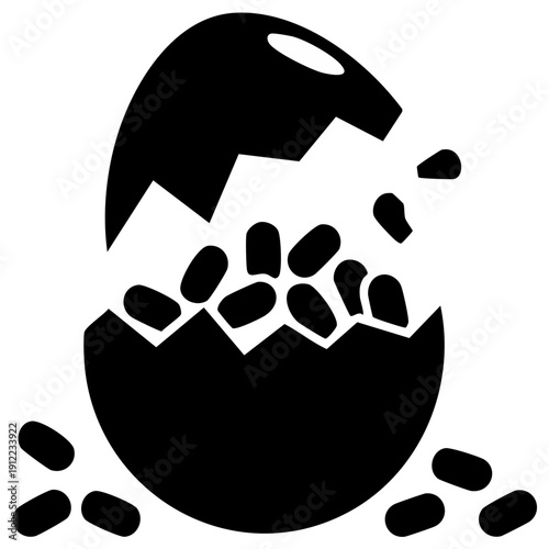 Cracked eggshell icon revealing small seeds spilling out symbolizing new beginnings and growth