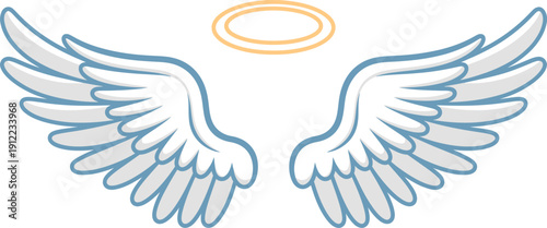 detailed angel wings graphic outline illustration with golden halo, heavenly spiritual symbol design for religious themed events, minimalist vector artwork for faith and inspiration.