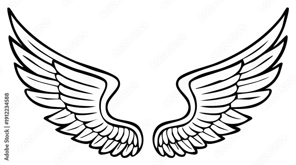 Fototapeta premium Stylized vector line art illustration of large feathered wings spread outwards