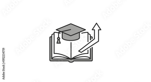 Graduation Cap on Open Book with Rising Arrow Symbolizing Education and Progress.