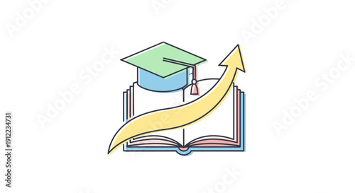 Graduation Cap on Open Book with Rising Arrow Symbolizing Academic Success.
