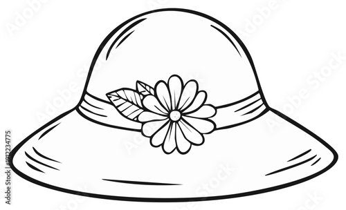 Elegant hat decorated with flower and leaf details, fashion accessory illustration.