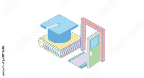 Graduation cap on books next to open door symbolizing education and new opportunities.