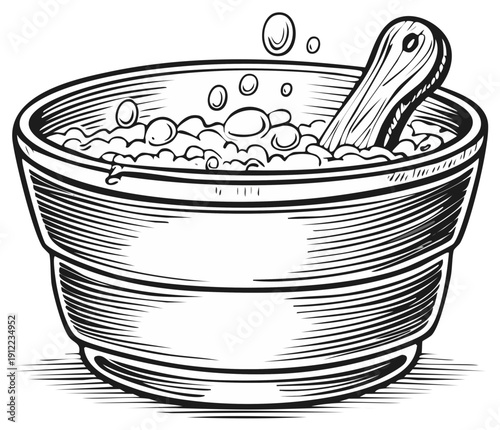 Ink drawing of a bowl filled with bubbling liquid and a wooden utensil