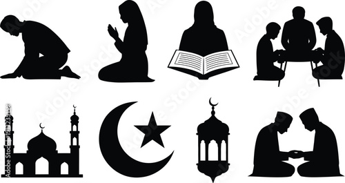 Islamic faith and worship symbols silhouettes