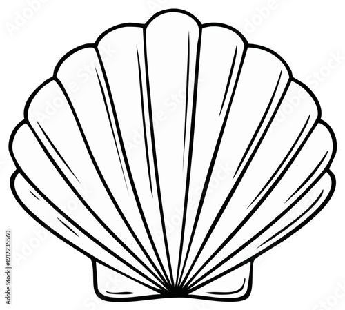 Minimalist black outline drawing of a scallop seashell for marine and beach-themed designs