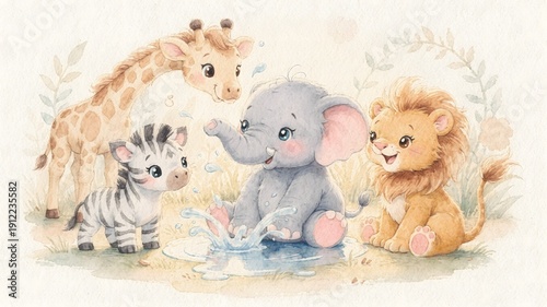 Playful baby safari animals in cozy watercolor jungle scene
