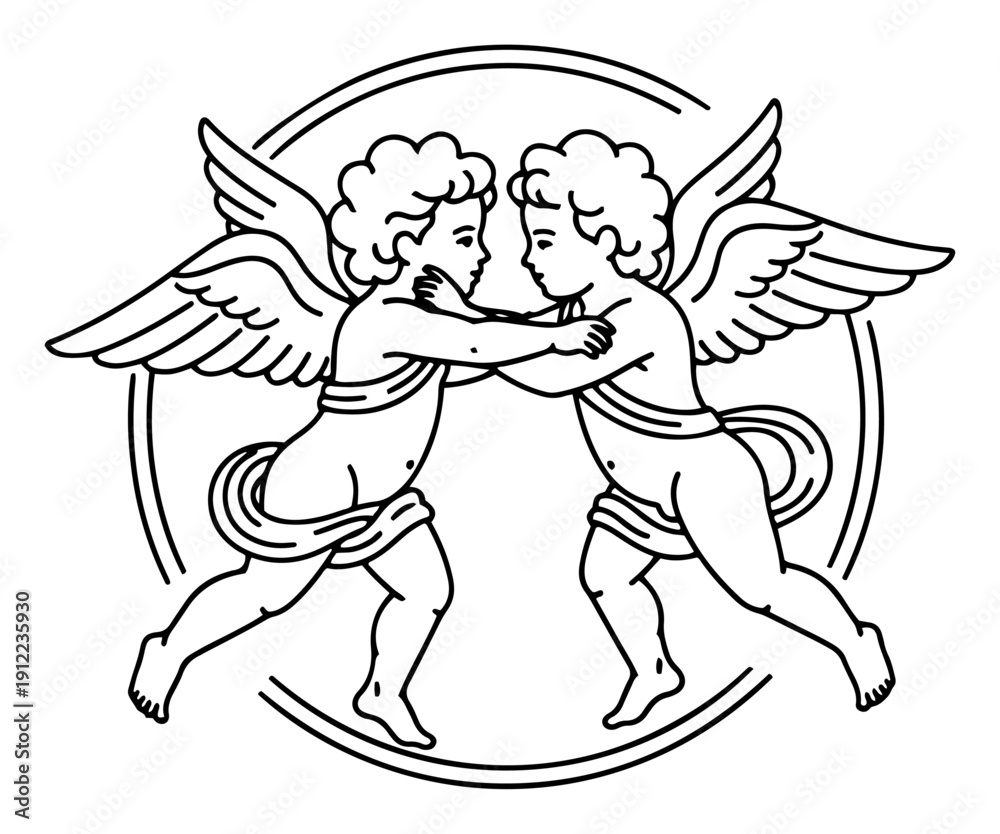 Fototapeta premium Two cherubs embracing inside a decorative circle – vintage line-art vector illustration