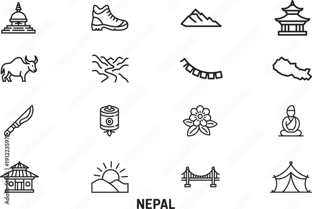 Naklejka premium nepal outline icons set. collection of linear vector illustrations, landmarks, and symbols