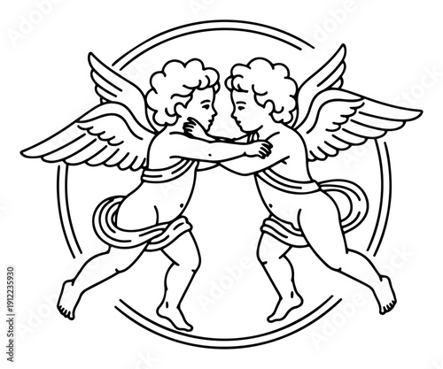 Wallpaper Mural Two cherubs embracing inside a decorative circle – vintage line-art vector illustration Torontodigital.ca
