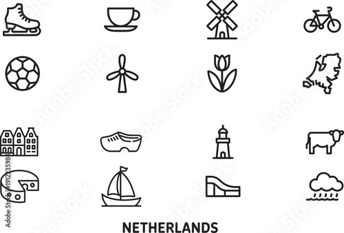 netherlands outline icons set. collection of linear vector illustrations, landmarks, and symbols