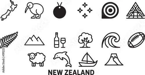 new zealand outline icons set. collection of linear vector illustrations, landmarks, and symbols