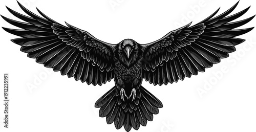 Detailed raven vector illustration, black and white artwork, wings fully spread, symbolic bird of mystery, intelligence, transformation, cultural design