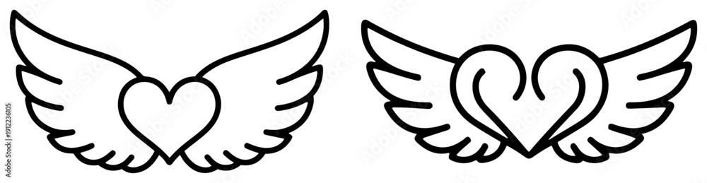 Obraz premium Minimal line art heart with angel wings icon set vector love freedom symbol