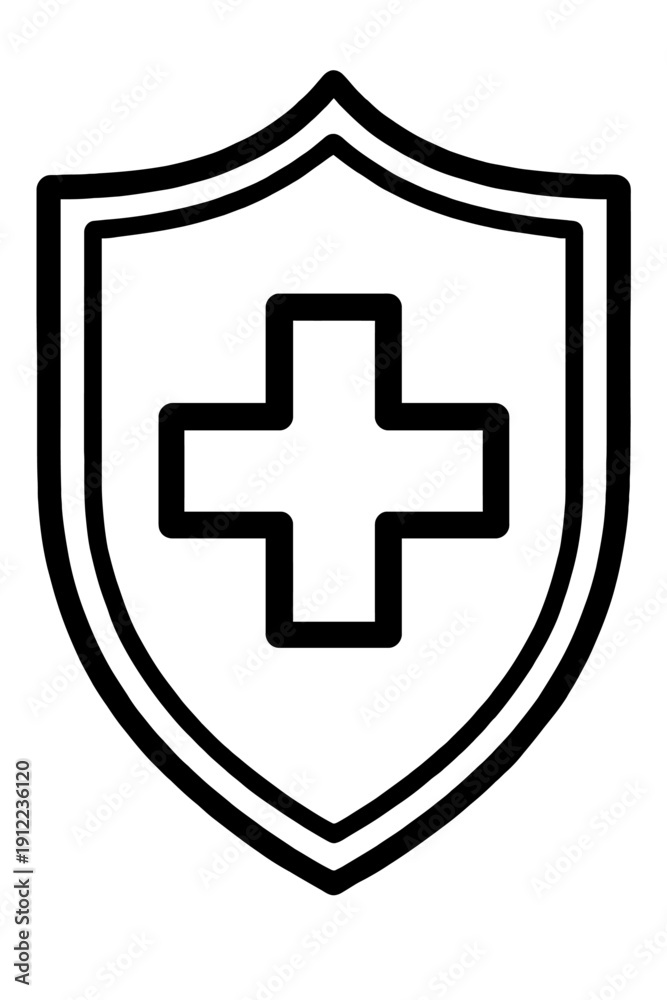 Fototapeta premium Medical Cross Shield Icon Vector - Healthcare Protection Symbol for Hospitals, First Aid Kits, and Patient Security. Minimalist Outline Graphic for Medicine, Pharmacy, and Health Insurance Branding.