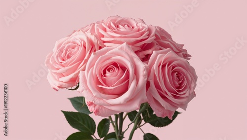 Bouquet of Pink Roses With Green Leaves on a Soft Pink Background