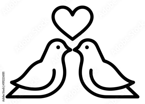 Minimalist lovebirds facing with heart above – bold line art icon vector illustration